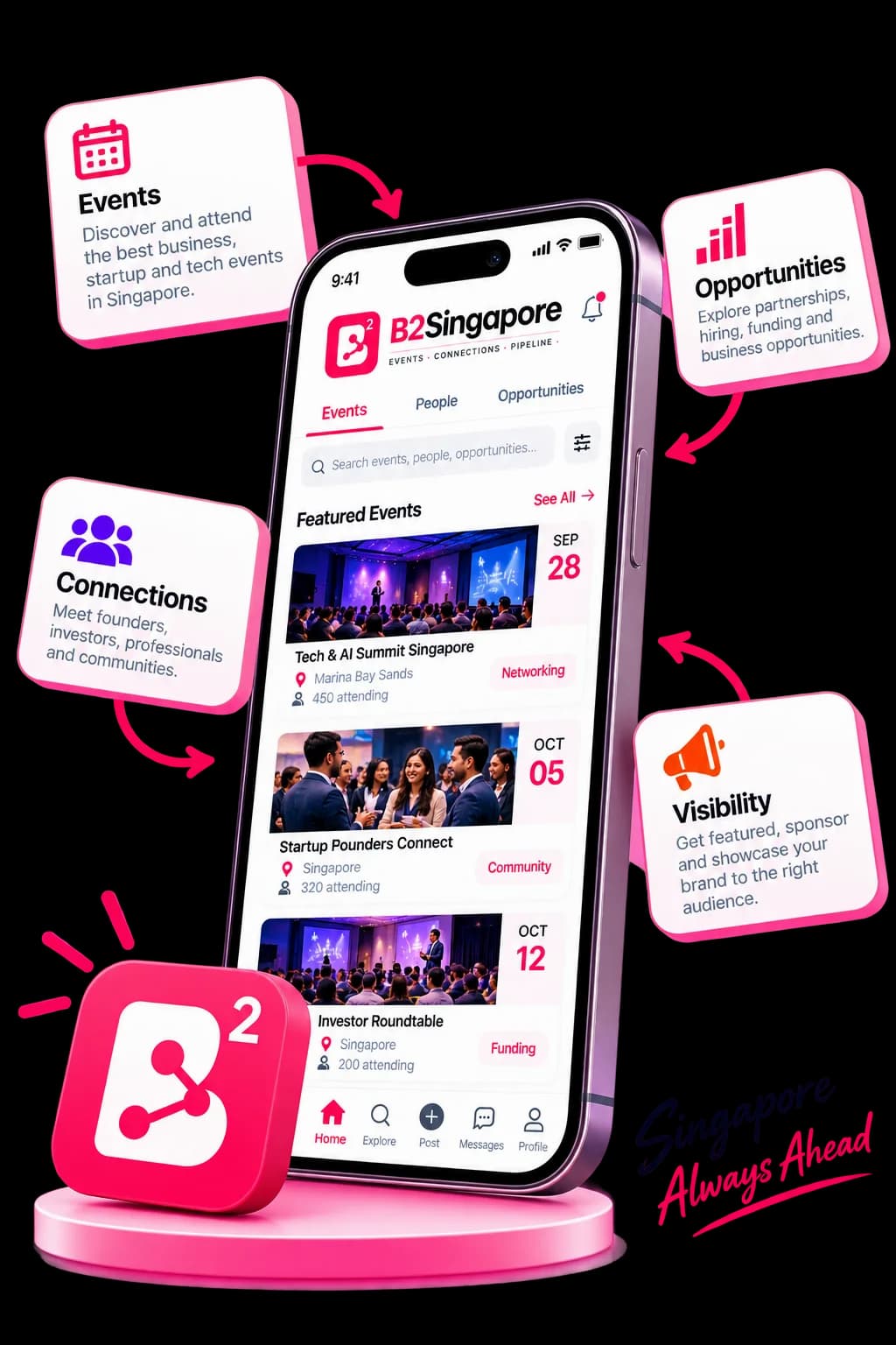 The B2Singapore app on a phone, showing featured events, with callouts for discovering Events, making Connections, finding Opportunities, and gaining Visibility
